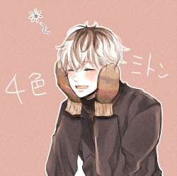 Rule 34 | 1boy, bad id, bad pixiv id, black hair, black jacket, black sweater, blush, brown background, closed eyes, commentary request, grey hair, hands up, happy, highres, jacket, male focus, mittens, multicolored hair, outline, raglan sleeves, sasaki haise, short hair, simple background, smile, sweater, tokyo ghoul, tokyo ghoul:re, toukaairab, translation request, two-tone hair, white outline