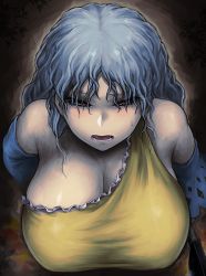 Rule 34 | 1girl, arm at side, bare shoulders, blush, breasts, cleavage, detached sleeves, dress, embarrassed, eyelashes, eyes visible through hair, fangs, furrowed brow, grey hair, half-closed eyes, hand on own hip, huge breasts, leaning forward, long hair, looking to the side, open mouth, parted lips, red eyes, sakata nemuno, single strap, solo, sweatdrop, taut clothes, taut dress, touhou, upper body, wavy hair, yellow dress, yuugatou (yuuzutu)