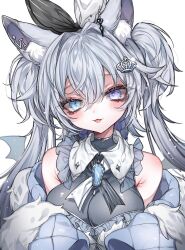 Rule 34 | 1girl, animal ears, artist request, bare shoulders, blush, breasts, character request, grey hair, heterochromia, highres, jacket, large breasts, looking at viewer, smile, tongue, tongue out, twintails, white background, wings