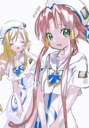 Rule 34 | 2girls, alicia florence, aria (manga), aria company uniform, blonde hair, blue bow, bow, closed eyes, dated, hair tubes, highres, long hair, looking at viewer, mizunashi akari, multiple girls, open mouth, parted bangs, pink hair, poppy10100, short sleeves, signature, simple background, smile, white background, white headwear
