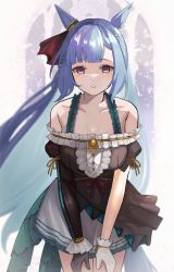 Rule 34 | 1girl, animal ears, asymmetrical clothes, asymmetrical gloves, bare shoulders, black gloves, blue hair, braid, breasts, commentary, cowboy shot, crown braid, gloves, highres, horse ears, horse girl, horse tail, large breasts, long hair, looking at viewer, mejiro ardan (umamusume), mismatched gloves, off shoulder, purple eyes, shibaebi (yasaip game), smile, solo, tail, umamusume, white gloves
