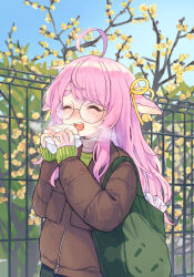Rule 34 | 1girl, ahoge, animal ears, bag, baozi, bow, branch, closed eyes, day, ear ribbon, fence, food, glasses, highres, holding, holding food, jacket, layered clothes, long hair, long sleeves, naname (7name), open mouth, original, outdoors, pink hair, plant, round eyewear, sky, smile, solo, steam, sweater, thick eyebrows, tote bag, turtleneck