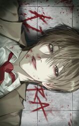 Rule 34 | 1boy, absurdres, against wall, blood, blood on clothes, blood on face, blood splatter, brown eyes, brown hair, brown jacket, collared shirt, death note, eoseo88, hair between eyes, highres, jacket, light smile, looking at viewer, male focus, necktie, pale skin, parted lips, portrait, red necktie, school uniform, shirt, smile, solo, tile wall, tiles, white shirt, yagami light