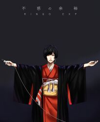 Rule 34 | 1girl, animification, black background, black hair, copyright request, highres, holding, holding microphone, hoshi san 3, japanese clothes, kimono, looking at viewer, microphone, mole, mole under mouth, obi, outstretched arms, real life, red kimono, sash, short hair, smile, solo, spread arms, tassel, yellow sash