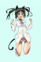 Rule 34 | 1girl, animal ears, aqua eyes, black hair, cat ears, cat tail, fang, francesca lucchini, hair ribbon, highres, jumping, looking at viewer, military, military uniform, navel, no pants, oi ke, open mouth, panties, ribbon, solo, strike witches, striped clothes, striped panties, tail, twintails, underwear, uniform, world witches series