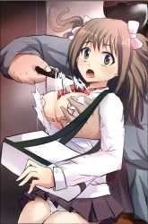 Rule 34 | 1girl, bag, bow, grabbing another&#039;s breast, brown eyes, brown hair, cutting clothes, grabbing, knife, open mouth, panties, sexual harassment, skirt, torn clothes, ugly man, underwear, watarurikka