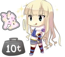 Rule 34 | 1girl, :q, blonde hair, blunt bangs, chibi, detached sleeves, fur collar, green eyes, hime cut, long hair, magister, original, shiratama liliana (magister), shorts, solo, striped clothes, striped thighhighs, thighhighs, tongue, tongue out, weights