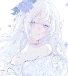 Rule 34 | 10 io, 1girl, bad id, bad twitter id, bare shoulders, blue eyes, blue flower, breasts, choker, collarbone, commentary request, crying, dress, falling petals, flower, frilled dress, frills, hair flower, hair ornament, highres, leaf hair ornament, long hair, looking at viewer, original, parted lips, petals, portrait, sad, simple background, sleeveless, sleeveless dress, small breasts, solo, upper body, white background, white choker, white dress, white hair