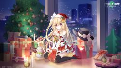 Rule 34 | 1girl, bare shoulders, black thighhighs, blonde hair, breasts, candle, christmas, christmas tree, cleavage, date a live, date a live: spirit pledge, gift, gloves, hat, high heels, highres, indoors, light smile, long hair, looking at viewer, mayuri (date a live), on floor, purple eyes, red footwear, red gloves, santa costume, santa hat, sitting, small breasts, snowman, solo, thighhighs, window