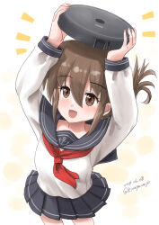 Rule 34 | 1girl, anchor symbol, black sailor collar, black skirt, brown eyes, brown hair, commentary request, cowboy shot, dated, folded ponytail, inazuma (kancolle), kantai collection, kitagawa mikio, long sleeves, neckerchief, notice lines, one-hour drawing challenge, pleated skirt, red neckerchief, robotic vacuum cleaner, sailor collar, shirt, skirt, smile, solo, twitter username, white shirt