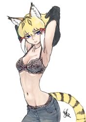Rule 34 | 1girl, animal ear fluff, animal ears, armpits, arms up, black hair, blonde hair, blue eyes, bra, breasts, closed mouth, collarbone, denim, empty eyes, furrowed brow, grey background, groin, hair between eyes, jeans, kemono friends, kishida shiki, lips, looking at viewer, medium breasts, multicolored hair, navel, pants, pantyhose, ribs, simple background, smilodon (kemono friends), solo, stomach, strap gap, tail, underwear, undressing, white background, white hair