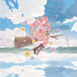 Rule 34 | 1girl, ahoge, blush, braid, broom, broom riding, brown eyes, brown footwear, cloud, copyright request, day, flower, hair flower, hair ornament, highres, hill, long hair, mokaffe, outdoors, pink hair, pink skirt, pink thighhighs, rainbow, reflection, sidesaddle, skirt, smile, solo, striped clothes, striped thighhighs, thighhighs, twin braids