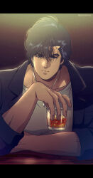 Rule 34 | 1boy, absurdres, alcohol, black eyes, black hair, black jacket, city hunter, closed mouth, collarbone, cup, drink, eyebrow cut, fingernails, highres, holding, holding cup, holding drink, ice, ice cube, jacket, jewelry, leaning on table, letterboxed, light particles, male focus, muscular, muscular male, necklace, saeba ryou, shirt, short hair, sitting, solo, twitter username, white shirt, yuu (masarunomori)