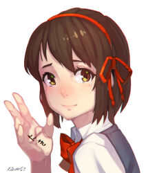 Rule 34 | 1girl, artist name, blue sweater vest, blush, bob cut, bow, bowtie, brown eyes, brown hair, close-up, closed mouth, commentary, crying, crying with eyes open, dress shirt, eyelashes, from side, hair between eyes, hair bow, hairband, hand up, kimi no na wa., light blush, light smile, looking at viewer, mar10, miyamizu mitsuha, nose, portrait, raised eyebrows, red bow, red bowtie, red hairband, shirt, short hair, signature, simple background, smile, solo, sweater vest, tearing up, tears, translated, white background, white shirt, writing on hand