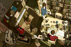 Rule 34 | 1boy, 1girl, amplifier, black cat, blue shirt, book, bookshelf, box, brown hair, cable, camera, cat, cd, chair, clock, commentary request, cup, earbuds, earphones, effects pedal, envelope, from above, guitar, instrument, lamp, microphone, mug, original, piano, plectrum, red shirt, rug, scarf, shirt, sitting, speaker, standing, steam, stool, table, unworn scarf, writing, yuroy kawano