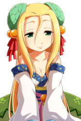 Rule 34 | 1girl, bare shoulders, blonde hair, bow, breasts, cleavage, collarbone, green eyes, hair bobbles, hair bow, hair ornament, highres, japanese clothes, kimono, long hair, long sleeves, meimei (p&amp;d), obi, off shoulder, puzzle &amp; dragons, red ribbon, ribbon, sash, simple background, smile, snake, solo, tottsuman, turtle shell, white background