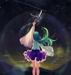 Rule 34 | 1girl, arm up, aura, blue skirt, clothes lift, commentary request, detached sleeves, energy, floating hair, frilled skirt, frills, from behind, gohei, green hair, hoshino arika, kneepits, kochiya sanae, looking afar, morning, mountain, night, night sky, oonusa, shirt, shooting star, skirt, skirt lift, sky, solo, standing, star (sky), starry sky, sunrise, touhou, white shirt, wide sleeves, wind