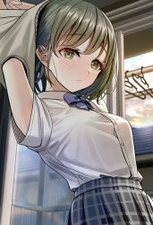 Rule 34 | 1girl, blue bow, blue bowtie, bow, bowtie, breasts, closed mouth, green eyes, green hair, grey skirt, hands up, highres, idolmaster, idolmaster shiny colors, looking at viewer, medium breasts, medium hair, nanakusa nichika, pleated skirt, shirt, short sleeves, skirt, solo, standing, turisasu, undressing, white shirt