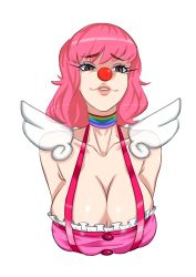 Rule 34 | 1girl, absurdres, ace attorney, breasts, choker, cleavage, clown, clown nose, dress, geiru toneido, highres, large breasts, looking at viewer, makeup, medium hair, multicolored clothes, phoenix wright: ace attorney - spirit of justice, pink dress, rainbow, sleeveless, smile, solo, suspenders, tagme, urustam, white background