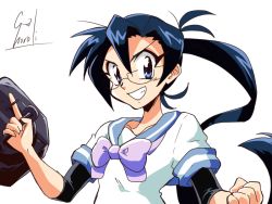 Rule 34 | 1990s (style), 1girl, amagiri (kancolle), arm warmers, asymmetrical bangs, black hair, blue eyes, blue sailor collar, bow, cannon, choroli (chorolin), grin, hair between eyes, kantai collection, long hair, looking at viewer, machinery, parody, ponytail, purple bow, retro artstyle, sailor collar, school uniform, serafuku, signature, simple background, smile, solo, style parody, turret, upper body, very long hair, white background