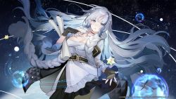 Rule 34 | 1girl, absurdres, black gloves, blue eyes, blue hair, breasts, cleavage, commentary request, cowboy shot, dress, fei (songyijie), fingerless gloves, frilled dress, frills, girls&#039; frontline, girls&#039; frontline neural cloud, gloves, grey hair, hand on own chest, highres, hubble (neural cloud), jewelry, large breasts, long hair, looking at viewer, multicolored hair, necklace, orbital path, orbited, second-party source, solo, space, star (sky), wide sleeves
