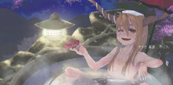 Rule 34 | 1girl, ;d, blonde hair, blush, cup, ear blush, female focus, hair censor, hair over breasts, highres, holding, horns, ibuki suika, kumonji aruto, lantern, long hair, nude, one eye closed, onsen, open mouth, petals, pointy ears, sakazuki, sitting, smile, solo, submerged, touhou, towel, towel on head, water, wink, yellow eyes