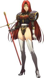 Rule 34 | 1girl, armor, belt, black leotard, boots, circlet, closed mouth, full body, gloves, hair intakes, high heel boots, high heels, highleg, highleg leotard, highres, holding, holding sheath, langrisser, langrisser iii, leotard, long hair, looking at viewer, official art, purple lips, red hair, sheath, sheathed, shiny skin, shoulder armor, solo, standing, straight hair, sword, thigh boots, thighhighs, transparent background, varna (langrisser iii), very long hair, weapon, white belt, white footwear, white gloves, yellow eyes