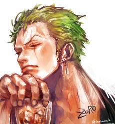 Rule 34 | 1boy, artist name, car, character name, drink, earrings, frown, glass, green hair, ice, jewelry, male focus, motor vehicle, one piece, piercing, roronoa zoro, scar, signature, solo, tsuyomaru