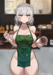 Rule 34 | absurdres, apron, bare shoulders, blurry, blush, breasts, cafe, collarbone, cup, depth of field, embarrassed, exhibitionism, green apron, green eyes, highres, holding, holding cup, holding pen, hololive, iced latte with breast milk (meme), indoors, large breasts, meme, pen, public indecency, risenegi, shiny skin, shirogane noel, sideboob, silver hair, solo, thighs, virtual youtuber