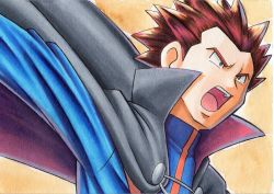 Rule 34 | 1boy, blue jacket, brown hair, cape, commentary request, creatures (company), game freak, grey cape, grey eyes, highres, jacket, lance (pokemon), male focus, nintendo, oka mochi, open mouth, orange background, outstretched arm, pokemon, pokemon hgss, popped collar, short hair, solo, spiked hair, teeth, tongue, traditional media, turtleneck, turtleneck jacket, upper body, upper teeth only