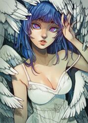 Rule 34 | 1girl, angel, blue eyes, blue hair, dress, feathered wings, highres, looking at viewer, lord griselda, medium hair, mole, mole under mouth, original, pink eyes, pink nails, two-tone eyes, upper body, white dress, white wings, wings