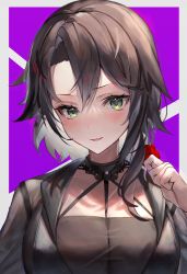 Rule 34 | 1girl, absurdres, azur lane, between breasts, black choker, black dress, blush, breasts, brown hair, choker, commentary, dress, exeter (a glorious toast) (azur lane), exeter (azur lane), flower, green eyes, hair between eyes, hair flower, hair ornament, hair over shoulder, hand up, highres, kabi (zcwd8845), large breasts, long hair, looking at viewer, official alternate costume, parted lips, purple background, see-through, see-through dress, sidelocks, solo, strap between breasts, upper body, white background