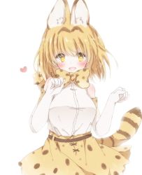 Rule 34 | 10s, 1girl, :d, animal ears, bad id, bad pixiv id, blouse, blush, bow, bowtie, brown bow, brown bowtie, brown hair, brown skirt, elbow gloves, fang, gloves, hands up, heart, hiro (hirohiro31), kemono friends, looking at viewer, open mouth, paw pose, print bow, print bowtie, serval (kemono friends), serval print, serval tail, shirt, short hair, simple background, skirt, sleeveless, smile, solo, tail, upper body, white background, white gloves, white shirt, yellow eyes
