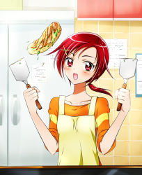 Rule 34 | 10s, 1girl, apron, blush, cooking, eyelashes, food, griddle, hair ornament, hino akane (smile precure!), kagami chihiro, okonomiyaki, open mouth, orange shirt, paper, ponytail, precure, red eyes, red hair, shirt, sleeves rolled up, smile precure!, solo, spatula