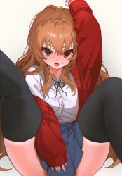Rule 34 | 1girl, absurdres, aisaka taiga, arm up, black ribbon, black thighhighs, blue skirt, blush, brown eyes, brown hair, cardigan, collared shirt, commentary, covering privates, covering crotch, eyebrows hidden by hair, hair between eyes, highres, karas (10 9), leg up, long hair, long sleeves, looking at viewer, nail polish, neck ribbon, open cardigan, open clothes, open mouth, pleated skirt, red cardigan, ribbon, shirt, simple background, sitting, skirt, sleeves past wrists, solo, spread legs, sweatdrop, thighhighs, toradora!, very long hair, white background, white shirt