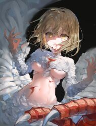 Rule 34 | 1girl, absurdres, angel wings, blonde hair, blood, character request, crop top, dungeon meshi, falin touden, falin touden (chimera), highres, long sleeves, medium hair, midriff, navel, nekomeen, open mouth, scar, solo, stomach, wings