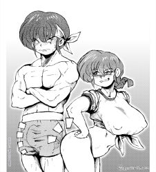 Rule 34 | 1boy, 1girl, angry, ass, banana, boxers, braid, breasts, closed mouth, covered erect nipples, cowboy shot, crossed arms, food, fruit, genderswap, genderswap (mtf), greyscale, grin, hibiki ryouga, large breasts, leaning forward, male underwear, monochrome, muscular, muscular male, navel, ranma-chan, ranma 1/2, saotome ranma, smile, squidward tentacles, standing, teasing, underwear, yashiro a. marino, yashiro marino