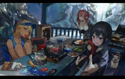 Rule 34 | 3girls, absurdres, animal, bikini, black hair, blonde hair, blue eyes, blue headwear, blush, breasts, can, chair, closed eyes, cooking, cooler, cup, dog, egg, egg (food), fang, food, frog, gloves, grill, grilling, grin, hat, highres, huge filesize, jewelry, korean commentary, large breasts, letterboxed, long hair, multiple girls, necklace, open mouth, original, outdoors, plate, pocky, popsicle, red hair, sausage, selfie, selfie stick, shirt, short hair, smile, sunny side up egg, swimsuit, tagme, uthy, v, vacation, visor cap, wet