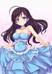 Rule 34 | 10s, 1girl, ahoge, bare arms, bare shoulders, black eyes, black hair, blue dress, blush, breasts, cleavage, closed mouth, clothes lift, collarbone, dress, dress lift, female focus, floral background, formal, girls und panzer, highres, isuzu hana, jewelry, large breasts, light smile, long hair, looking at viewer, murasaki atsushi, neck, necklace, pink background, pleated dress, purple eyes, skirt hold, smile, solo, strapless, strapless dress, upper body