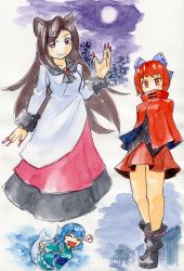 Rule 34 | 3girls, animal ears, ankle boots, blue hair, boots, bow, brooch, brown hair, cape, closed eyes, dress, fingernails, fins, forest, full moon, hair bow, head fins, imaizumi kagerou, japanese clothes, jewelry, kawachi koorogi, long fingernails, long hair, long sleeves, marker (medium), mermaid, miniskirt, monster girl, moon, multiple girls, musical note, nature, obi, open mouth, red eyes, red hair, sash, sekibanki, short hair, skirt, smile, touhou, traditional media, wakasagihime, wide sleeves, wolf ears