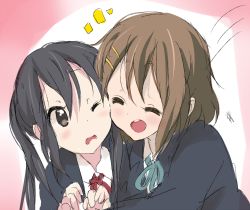 Rule 34 | 2girls, black hair, blazer, blue jacket, blue neckwear, blush, brown eyes, brown hair, cheek-to-cheek, closed eyes, collared shirt, commentary request, core (mayomayo), gradient background, hair ornament, hairclip, heads together, hirasawa yui, hug, jacket, k-on!, long hair, looking at another, multiple girls, nakano azusa, neck ribbon, one eye closed, open mouth, pink background, red neckwear, ribbon, sakuragaoka high school uniform, school uniform, shirt, short hair, smile, teeth, two-tone background, upper body, upper teeth only, white background, white shirt