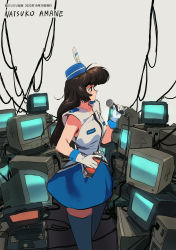 Rule 34 | 1980s (style), 1girl, absurdres, aheahead, amane natsuko, black hair, blue headwear, blue skirt, blue thighhighs, character name, computer, crt, dated, gloves, hat, hat feather, highres, holding, indie virtual youtuber, laptop, long hair, microphone, monitor, official art, oldschool, profile, retro artstyle, skirt, thighhighs, uniform, virtual youtuber, white background, white gloves, wire