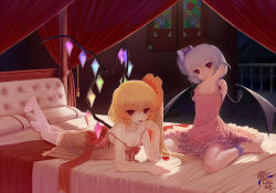 Rule 34 | 2girls, :p, alternate costume, barefoot, bat wings, bed, blonde hair, blue hair, blush, canopy bed, cup, drinking glass, female focus, flandre scarlet, canopy bed, indoors, long hair, looking at viewer, lying, multiple girls, on bed, on stomach, red eyes, remilia scarlet, short hair, siblings, sisters, sitting, smile, strap slip, thighhighs, tongue, tongue out, touhou, wariza, white legwear, wine glass, wings, zimajiang