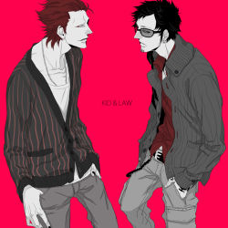 Rule 34 | 2boys, alternate costume, belt, character name, earrings, eustass kid, facial hair, formal, goatee, hands in pockets, jewelry, male focus, multiple boys, one piece, red hair, rui yuda, shirt, spot color, striped clothes, striped shirt, supernova, sweater, tattoo, trafalgar law, wallet chain