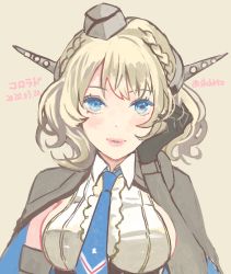 Rule 34 | 1girl, black gloves, blonde hair, blouse, blue eyes, blue necktie, braid, breasts, capelet, character name, colorado (kancolle), dated, elbow gloves, garrison cap, gloves, grey hat, hand on own face, hat, head tilt, headgear, kantai collection, kasumi (skchkko), large breasts, lips, looking at viewer, necktie, pink background, shirt, short hair, side braids, simple background, sleeveless, solo, twin braids, twitter username, upper body, white shirt