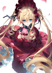 Rule 34 | 1girl, black ribbon, blonde hair, blue eyes, bonnet, bow, bowtie, capelet, dress, drill hair, ekita kuro, flower, frilled sleeves, frills, green bow, green bowtie, highres, long hair, long sleeves, looking at viewer, parted lips, petals, red capelet, red dress, red flower, red headwear, red rose, ribbon, rose, rozen maiden, shinku, simple background, solo, twin drills, white background