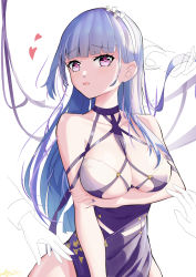 Rule 34 | 1girl, absurdres, aquilar, arm under breasts, azur lane, bare shoulders, breasts, cleavage, criss-cross halter, dido (anxious bisque doll) (azur lane), dido (azur lane), disembodied limb, dress, dress straps, hairband, halter dress, halterneck, hand in another&#039;s hair, headband, heart, heart-shaped pupils, highres, large breasts, long dress, long hair, multiple hands, official alternate costume, pelvic curtain, pink eyes, purple dress, purple eyes, purple hairband, purple headband, purple ribbon, ribbon, simple background, standing, symbol-shaped pupils, white background
