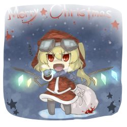 Rule 34 | 1girl, bad id, bad pixiv id, blonde hair, blood, christmas, cold, eiri (eirri), english text, fang, female focus, flandre scarlet, fur trim, goggles, hat, merry christmas, open mouth, pointing, red eyes, sack, santa costume, scarf, side ponytail, snow, solo, star (symbol), embodiment of scarlet devil, thighhighs, touhou, vampire, wings