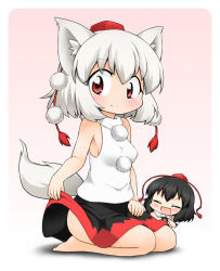 Rule 34 | 2girls, animal ears, barefoot, black hair, blush, breasts, chibi, closed eyes, detached sleeves, gradient background, hat, highres, inubashiri momiji, looking at viewer, mini person, minigirl, multiple girls, open mouth, pom pom (clothes), red eyes, shameimaru aya, short hair, silver hair, sitting, skirt, sleeveless, small breasts, smile, suwa yasai, tail, tokin hat, touhou, v, wolf ears, wolf tail