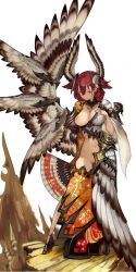 Rule 34 | 1girl, asymmetrical clothes, dress, hand fan, head wings, high heels, highres, jewelry, monster girl, navel, necklace, npa (sirokurokuma), one breast out, original, red hair, single wing, solo, wings